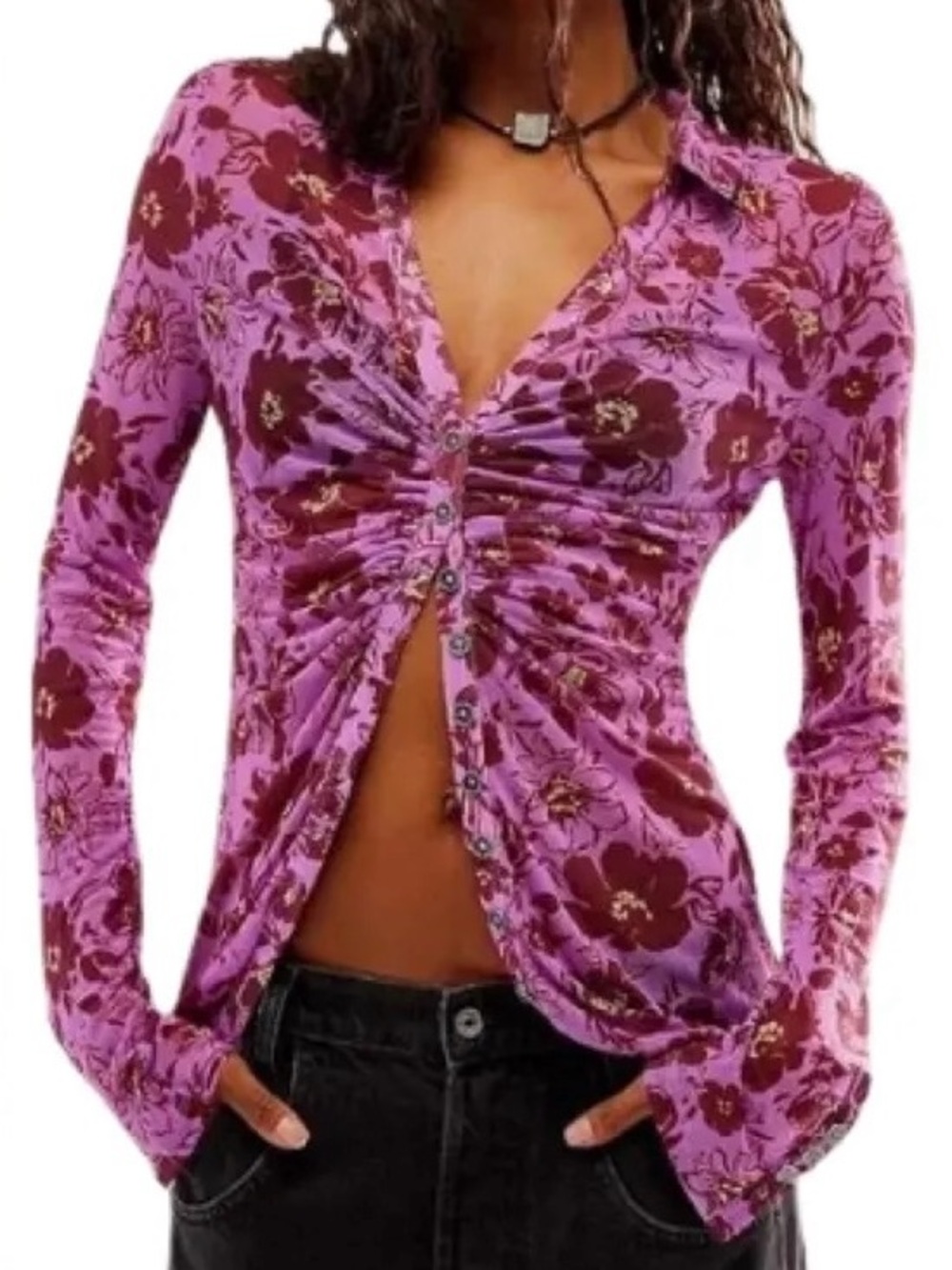 Free People Lavender Floral Ruched Button-Down Top